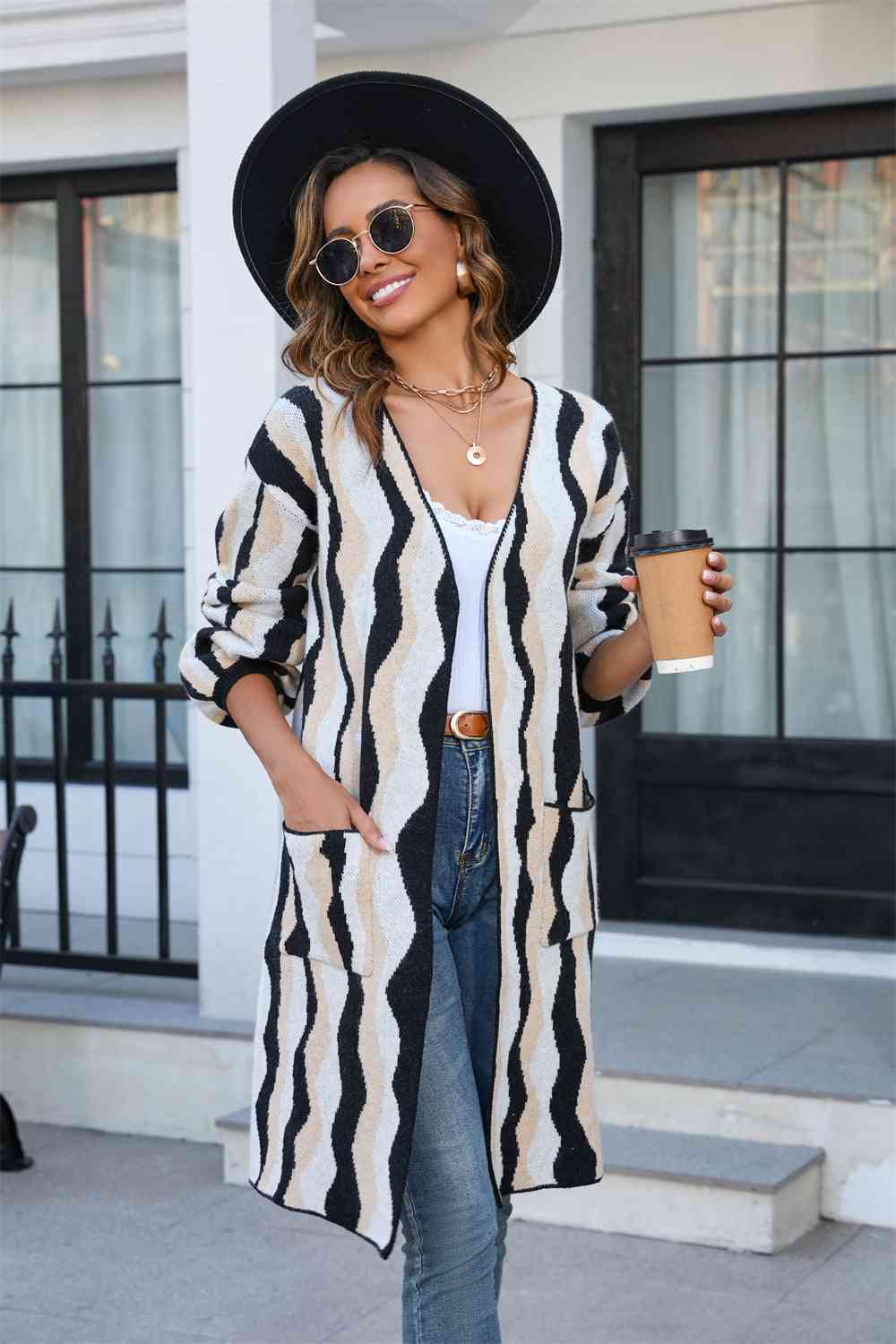 Printed Open Front Pocketed Cardigan