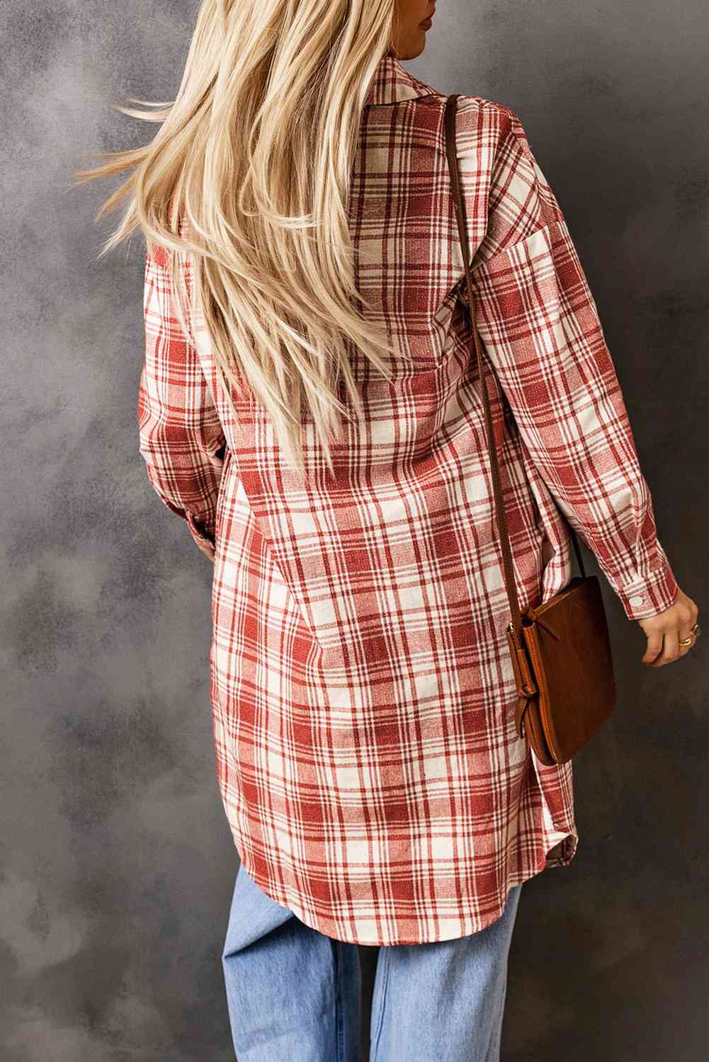 Double Take Plaid Button-Up Longline Shacket with Breast Pockets