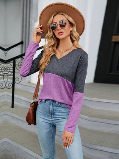 Color Block V-Neck Long Sleeve T-Shirt