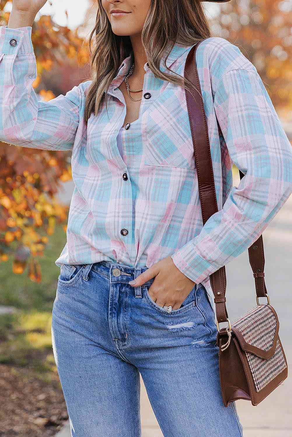 Plaid Button-Up Dropped Shoulder Shirt