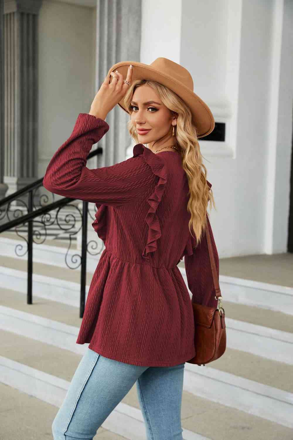 Round Neck Ruffled Peplum Blouse