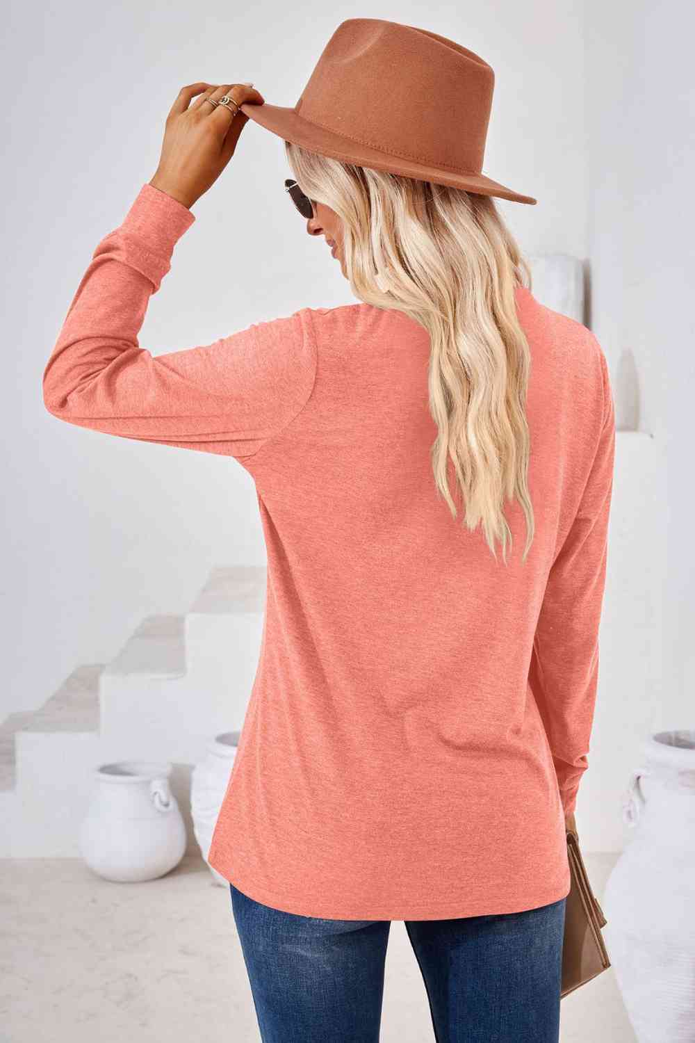 V-Neck Buttoned Long Sleeve Blouse