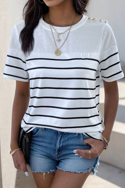 Decorative Button Striped Short Sleeve T-Shirt