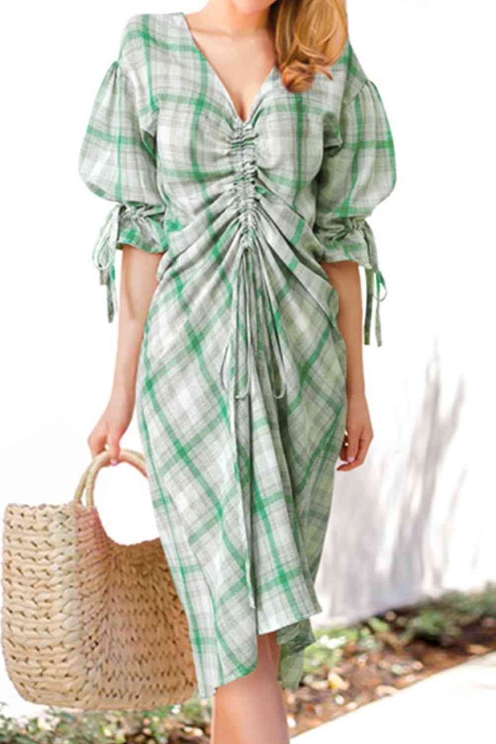 Plus Size Plaid Drawstring Detail Flounce Sleeve Dress