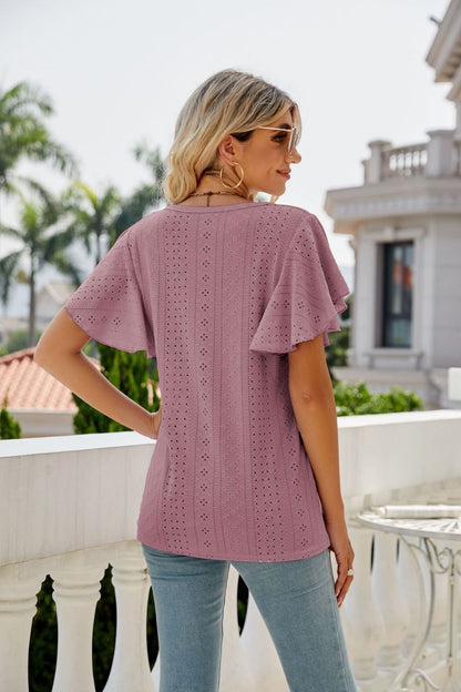 Eyelet Flutter Sleeve Round Neck Top