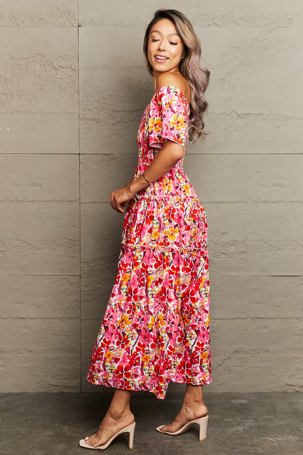 Floral Off-Shoulder Frill Trim Maxi Dress