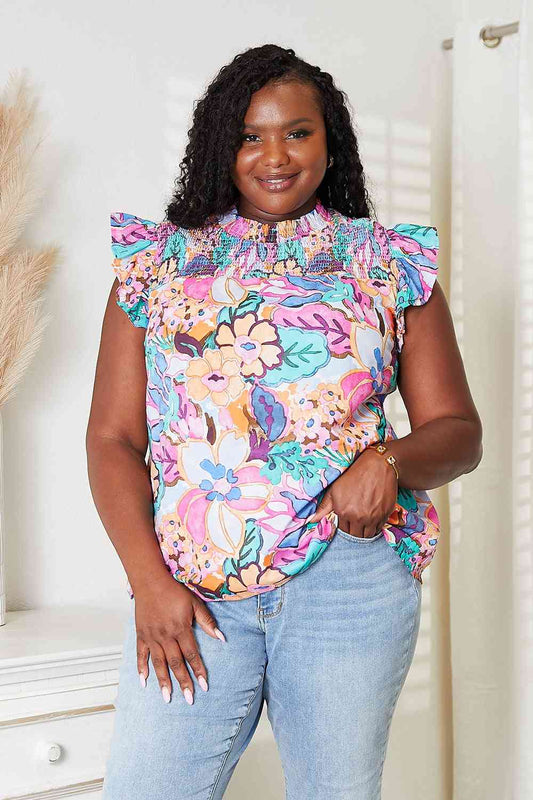 Double Take Floral Smocked Flutter Sleeve Top