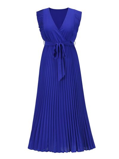 Tied Surplice Cap Sleeve Pleated Dress