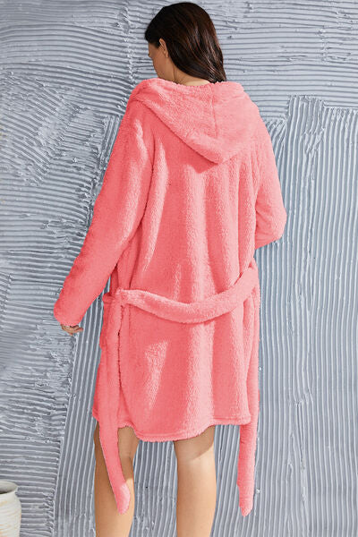 Fuzzy Tied Pocketed Hooded Lounge Nightgown