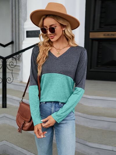 Color Block V-Neck Long Sleeve T-Shirt