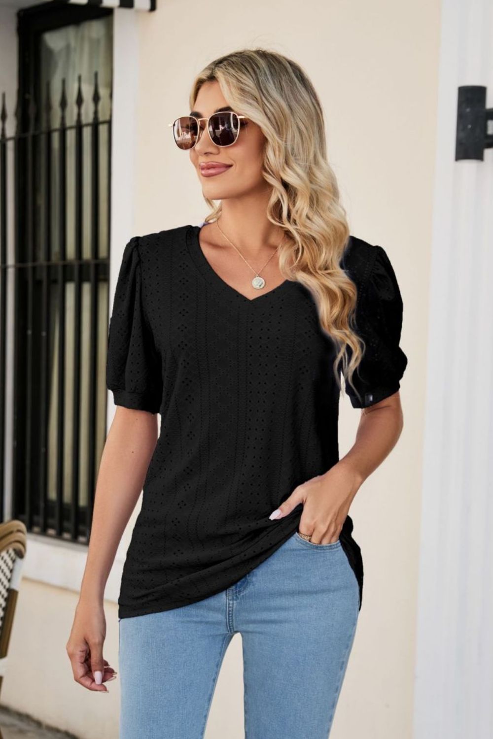 Eyelet Puff Sleeve V-Neck Top