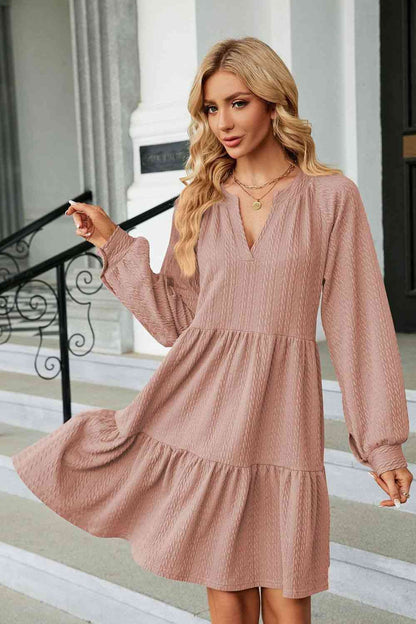 Notched Neck Long Sleeve Mini Dress