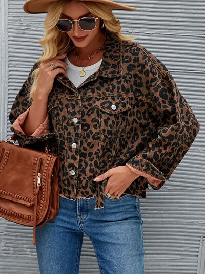 Leopard Button Up Dropped Shoulder Denim Jacket