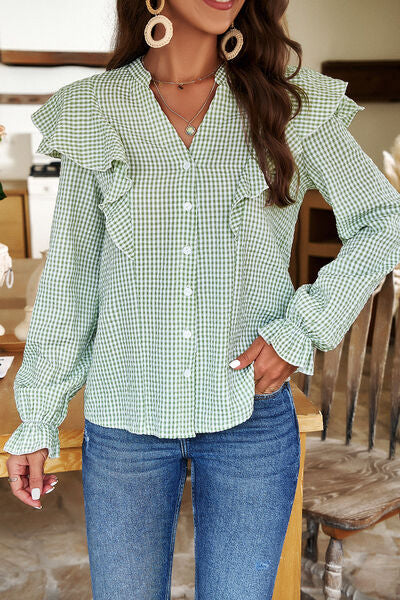 Plaid Notched Flounce Sleeve Shirt