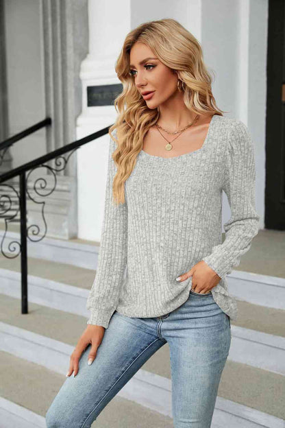 Ribbed Square Neck Long Sleeve T-Shirt