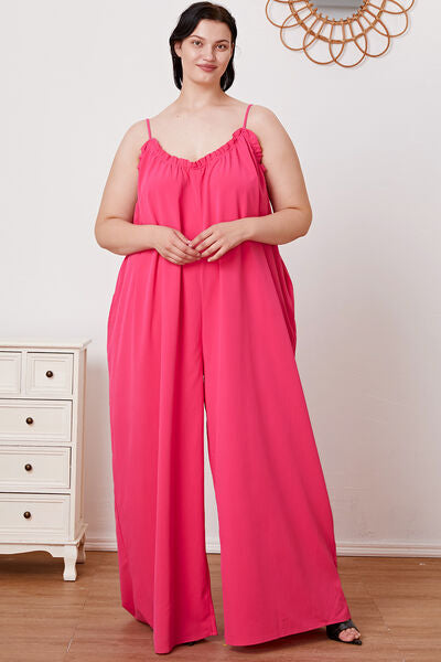 Full Size Ruffle Trim Tie Back Cami Jumpsuit with Pockets