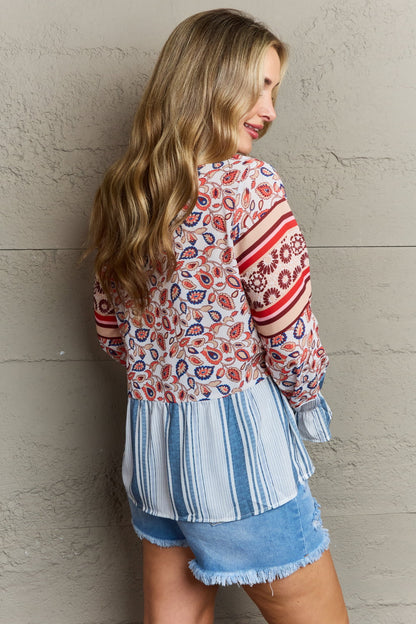 Floral Striped Flounce Sleeve Blouse