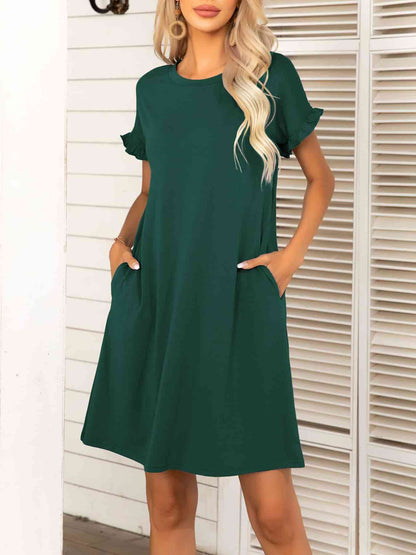 Round Neck Flounce Sleeve Dress with Pockets