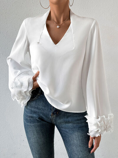 Lettuce Hem V-Neck Long Sleeve Blouse