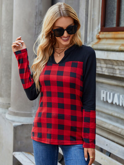 Plaid Notched Long Sleeve T-Shirt