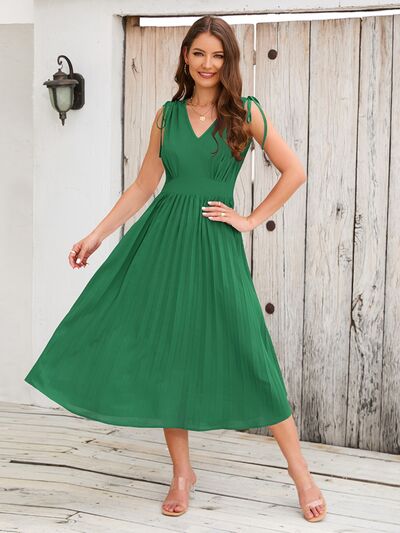 Pleated V-Neck Sleeveless Midi Dress