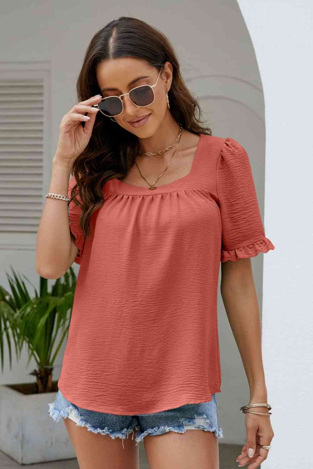 Frill Trim Puff Sleeve Square Neck Blouse