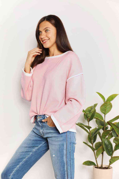 Double Take Contrast Detail Dropped Shoulder Knit Top