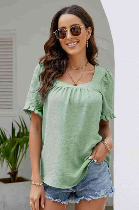 Frill Trim Puff Sleeve Square Neck Blouse