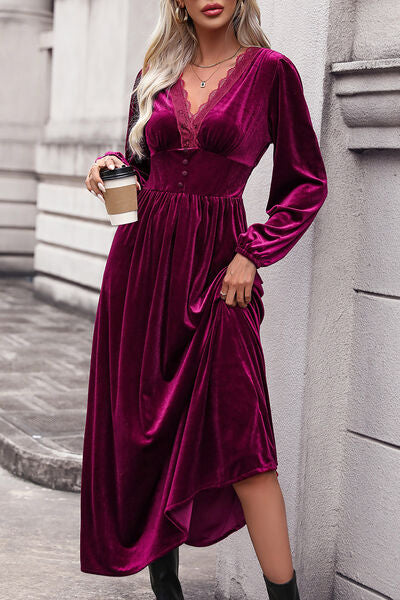 Lace Detail V-Neck Balloon Sleeve Midi Dress