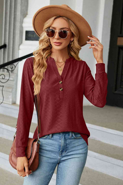 Notched Neck Long Sleeve Buttoned Blouse