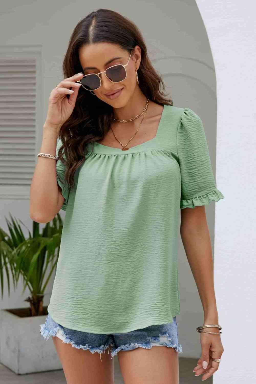 Frill Trim Puff Sleeve Square Neck Blouse