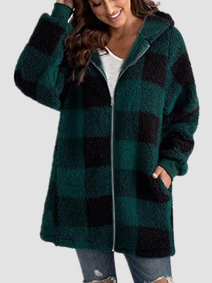 Plaid Zip Up Hooded Jacket with Pockets