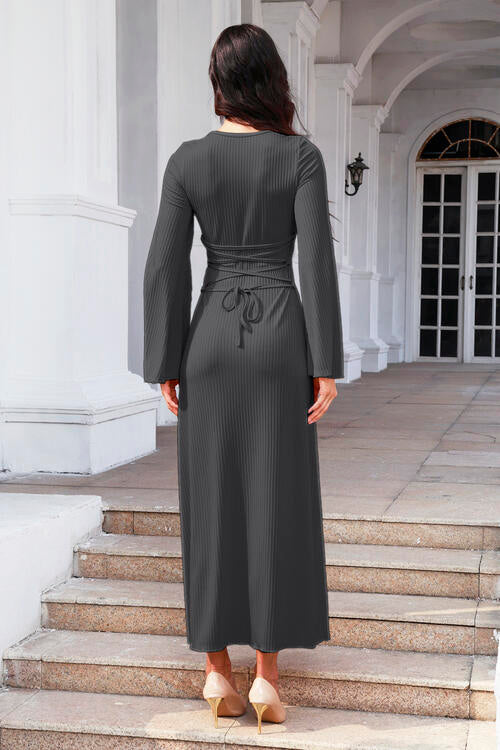 Tie Back Ribbed Round Neck Long Sleeve Dress