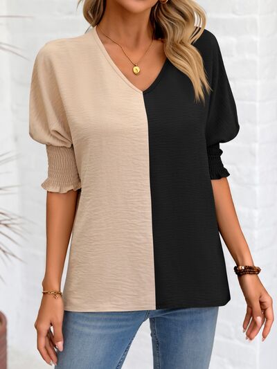 Contrast V-Neck Lantern Sleeve Blouse