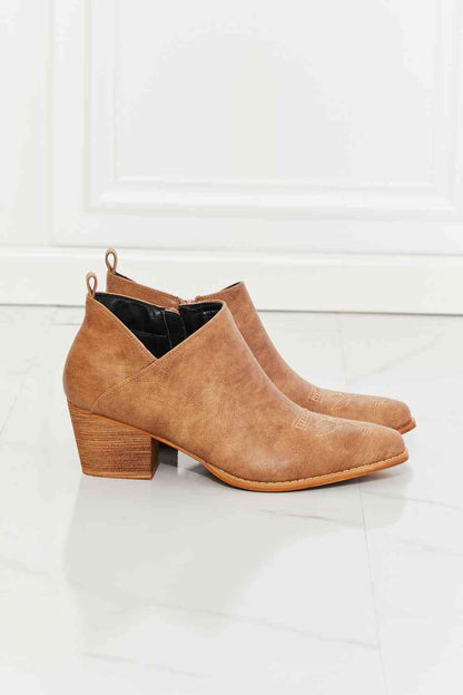 MMShoes Trust Yourself Embroidered Crossover Cowboy Bootie in Caramel