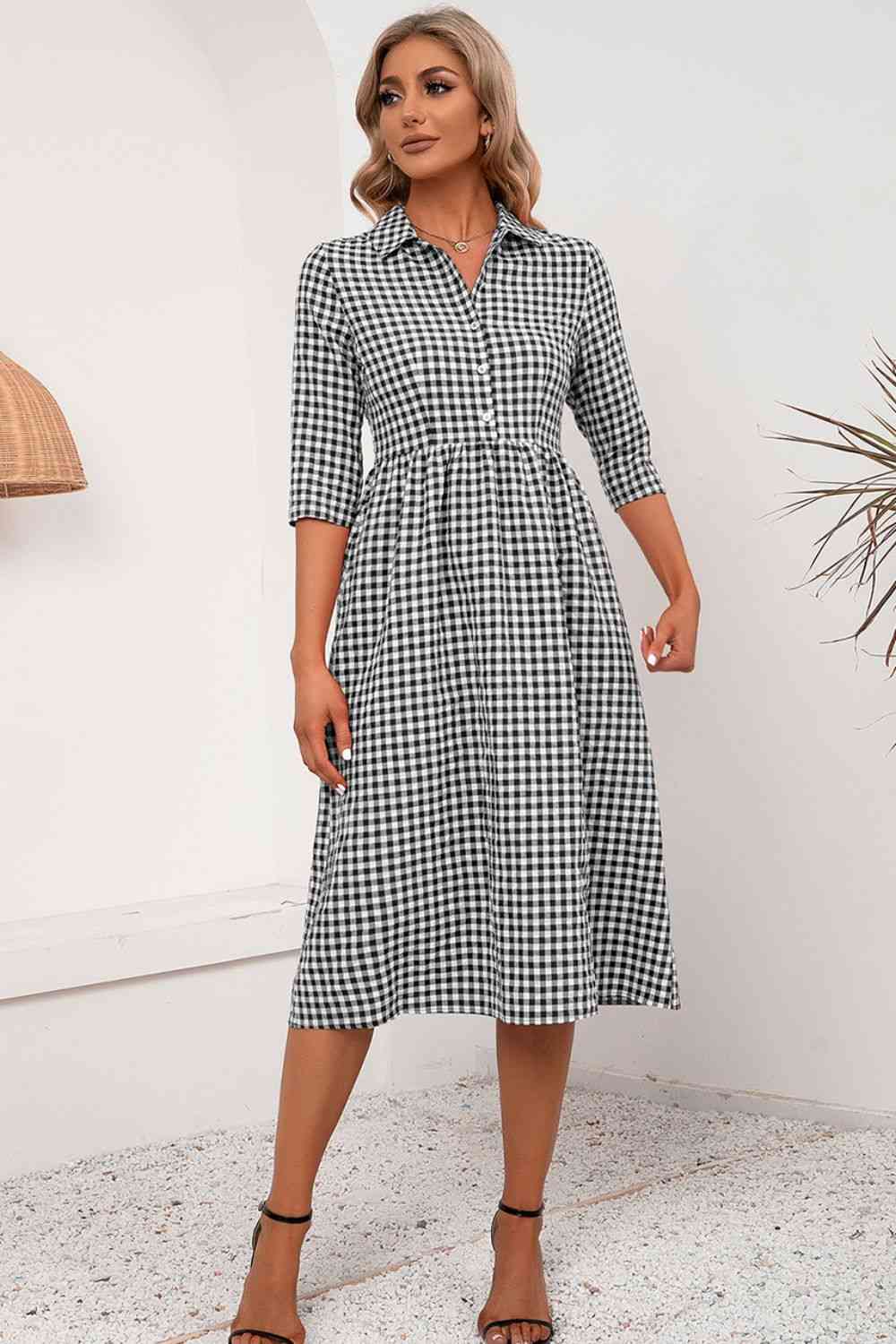 Plaid Collared Neck Midi Dress