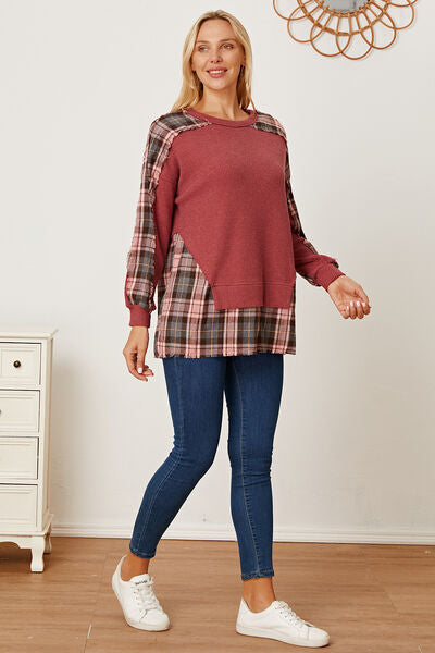 Plaid Round Neck Dropped Shoulder Sweatshirt