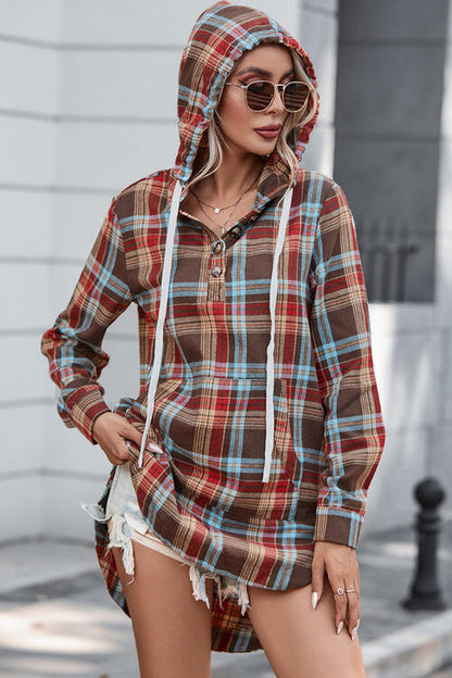 Plaid Drawstring Long Sleeve Hooded Dress with Pocket