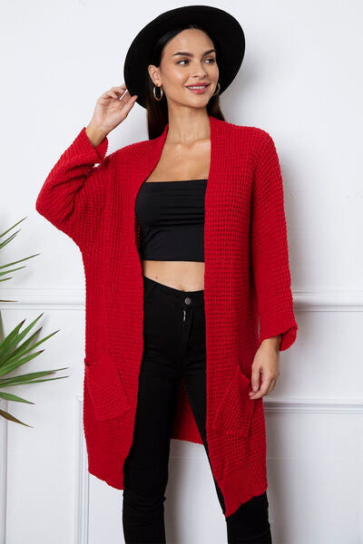 Open Front Long Sleeve Longline Cardigan with Pockets