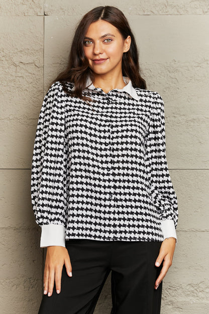 Printed Collared Neck Lantern Sleeve Shirt