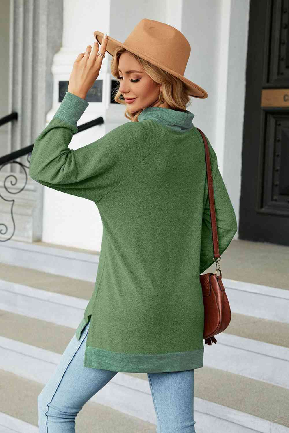 Turtle Neck Long Sleeve Slit Blouse