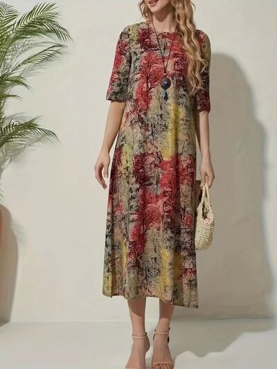 Full Size Printed Half Sleeve Midi Dress