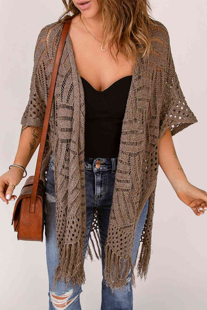 Fringe Hem Slit Open Front Cardigan