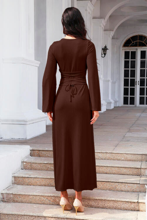 Tie Back Ribbed Round Neck Long Sleeve Dress