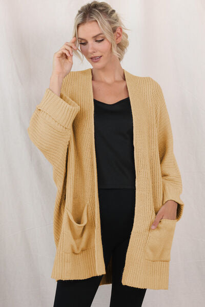 Waffle-Knit Long Sleeve Cardigan with Pocket