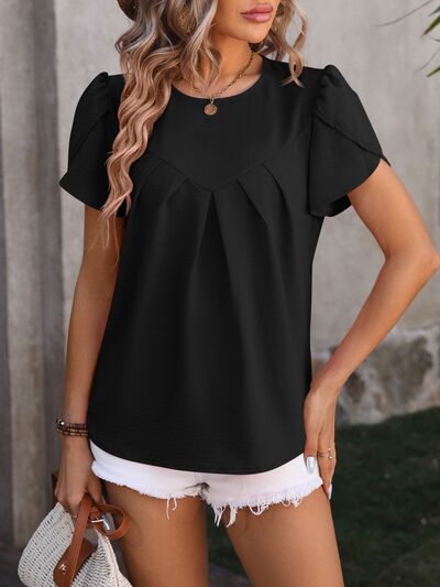 Ruched Round Neck Petal Sleeve Blouse