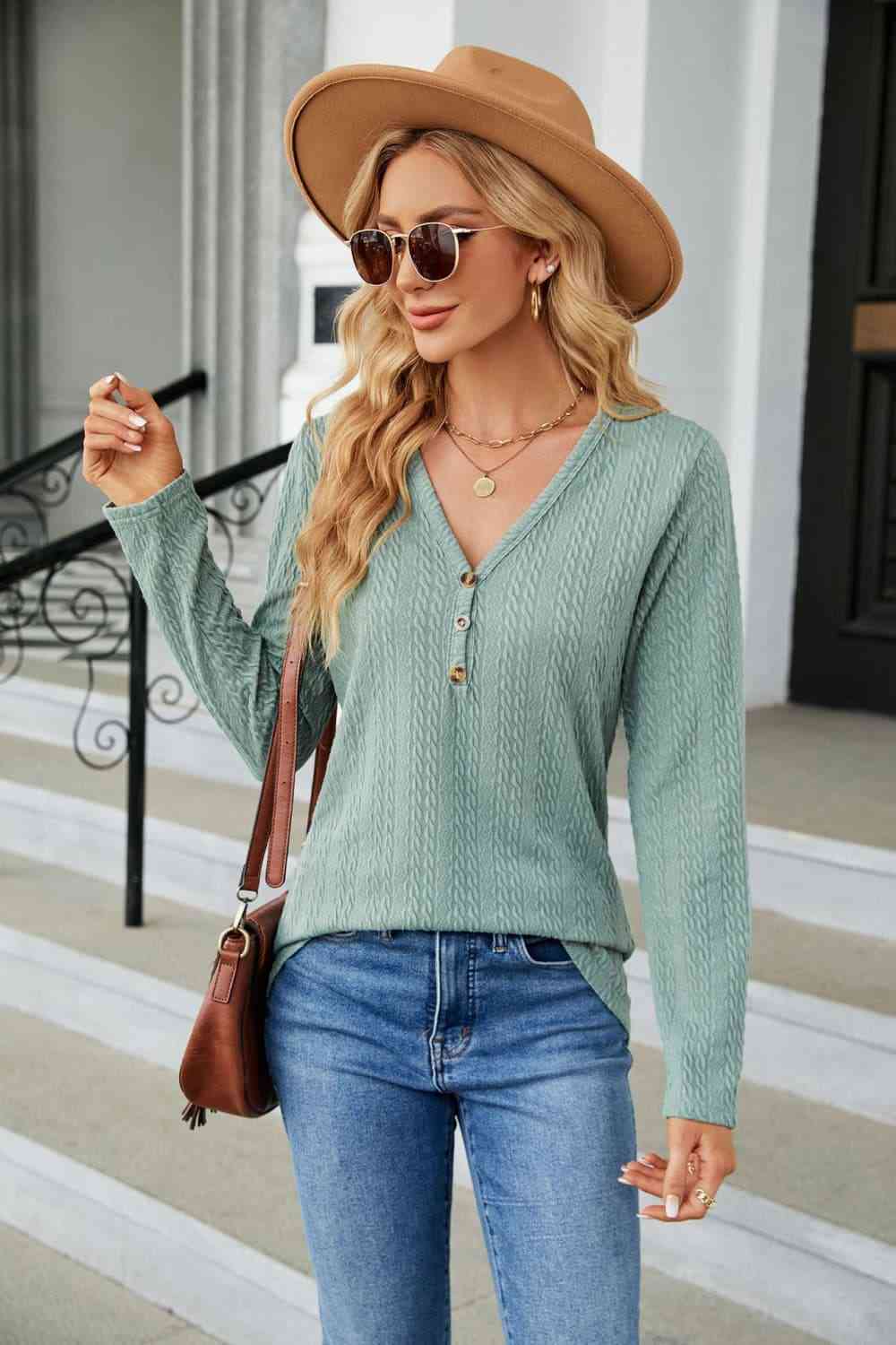 Cable-Knit Long Sleeve V-Neck T-Shirt