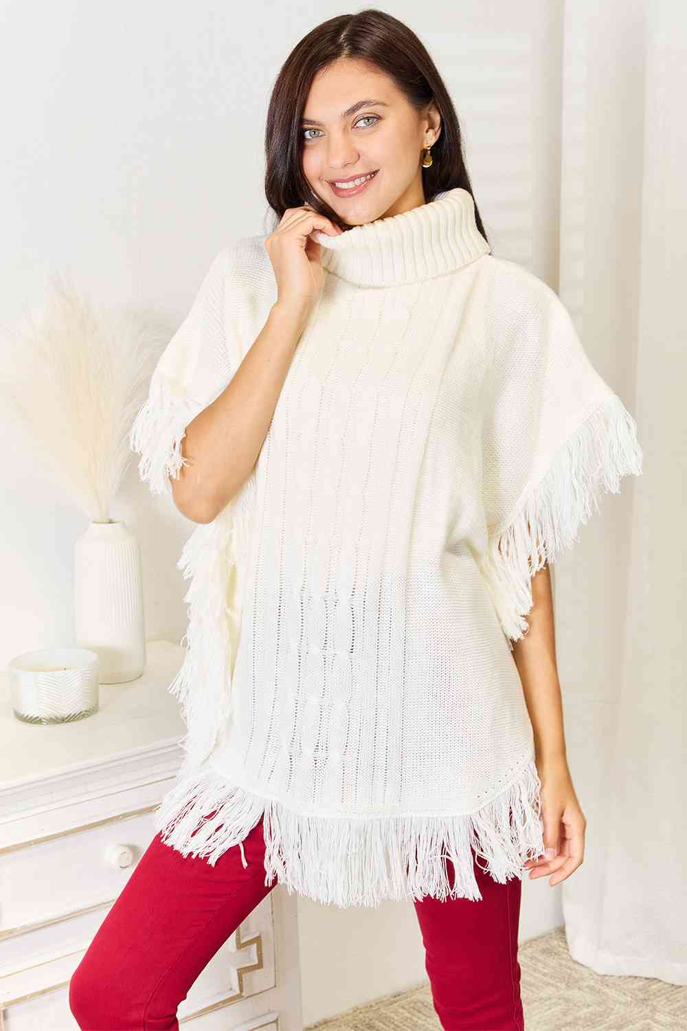 Justin Taylor Turtle Neck Fringe Poncho