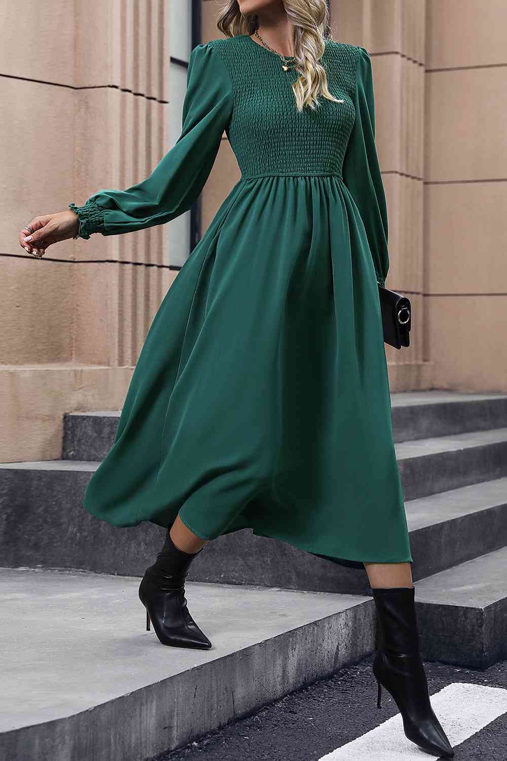 Smocked Long Sleeve Midi Dress