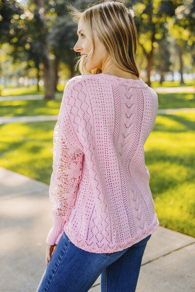 Openwork Lantern Sleeve Dropped Shoulder Sweater